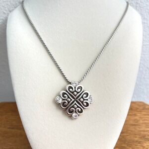 Brighton Alcazar Love Necklace Retired Silver Plated Crystal Heart Scrollwork